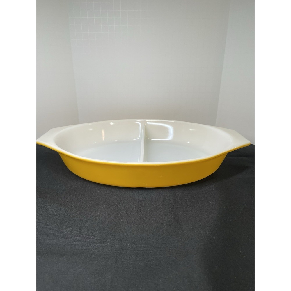 Vintage 1960s Pyrex Primary Color Yellow Divided Oval‎ Casserole Vegetable Dish